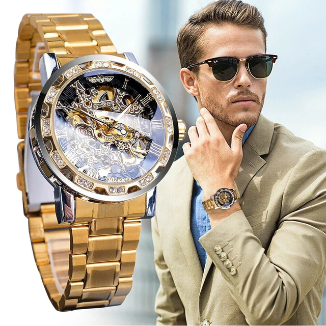 LUXURY MENS STAINLESS Steel Gold Tone Skeleton Automatic Mechanical