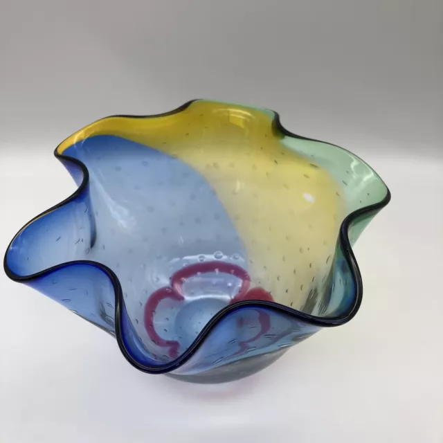 Adam Jablonski Blown Glass Ripple Bowl Lead Crystal Controlled Bubbles Signed