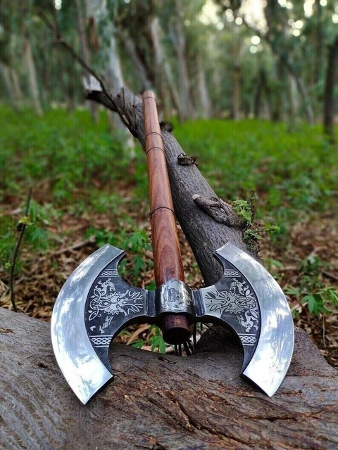 Double Head Hand forged Viking Axe Carbon Steel Blade with leather sheath.