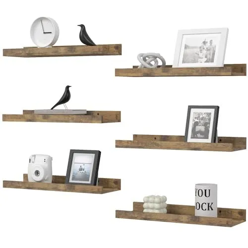 Floating Shelves Set of Farmhouse Wall Shelves with Lip, 6 Rustic Brown