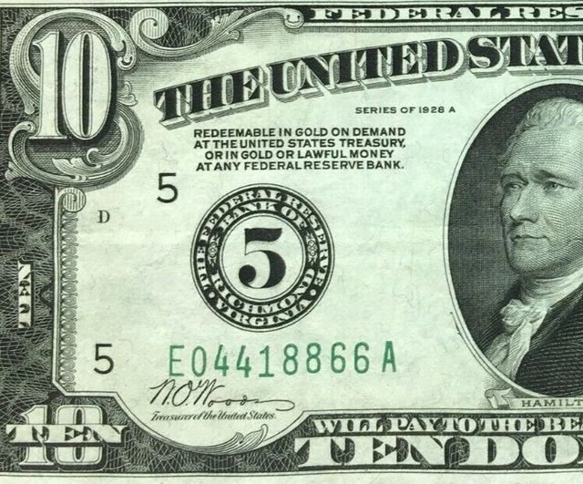 1928A $10 Federal Reserve Note Richmond FR 2001-E    RARE KEY NOTE ✔ 3