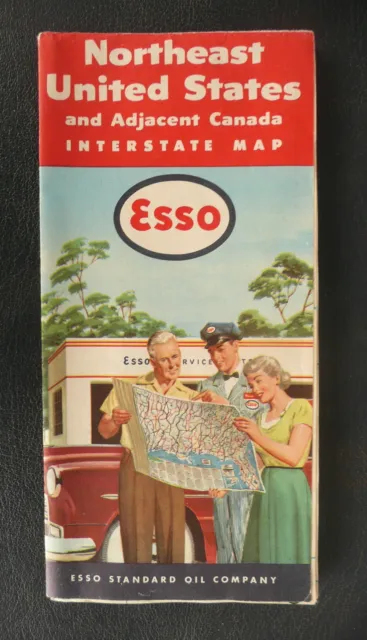 1953 Northeast United States road map  Esso gas oil adjacent Canada