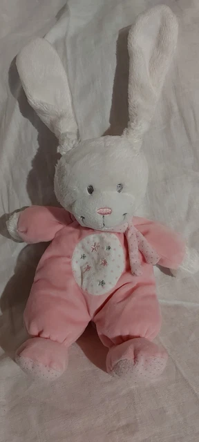 Doudou carré plat Lapin blanc rose étoiles argent Tex Baby Carrefour état neuf