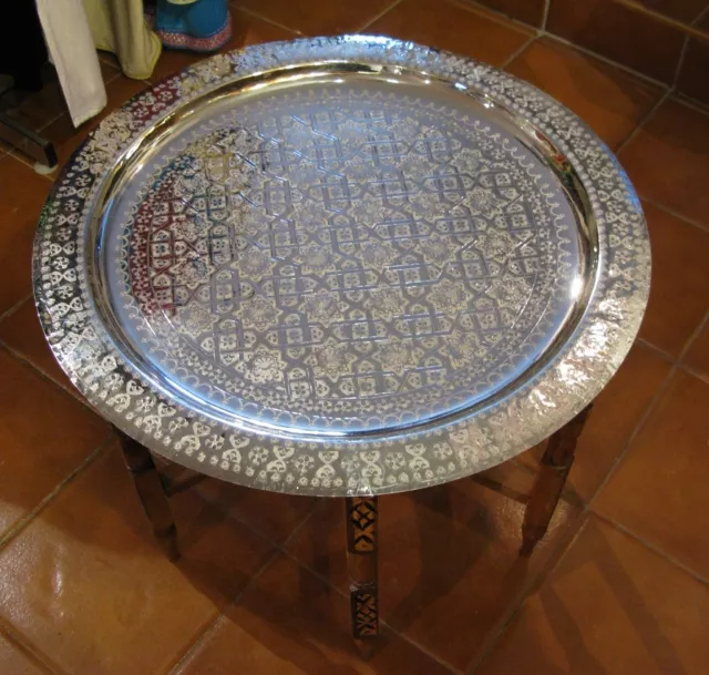 Moroccan tray table-Moroccan silver end table-Moroccan silver tray coffee table