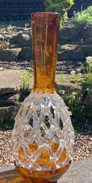 Amber Clear Art Glass Vase Heavy Hand Blown Holes Mcm Large 20.5" Tall Vtg GA