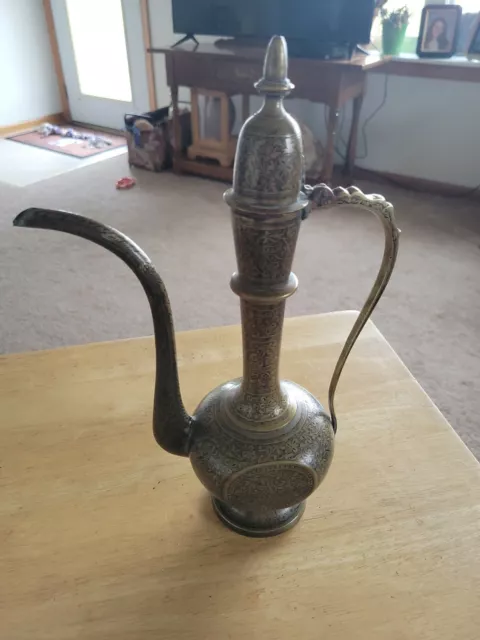 Vtg Ornate Etched Solid Brass Teapot Genie Lamp Pitcher India Hand Made 12 1/2"