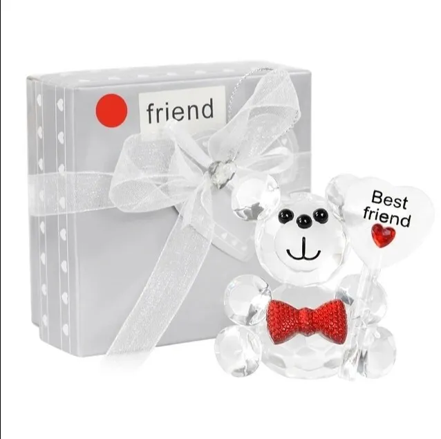 Teddy Bear Crystal Clear Ornament Gift Boxed His Hers Best Friends Gift Red Bow