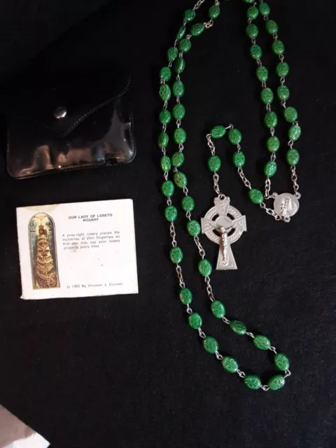 Irish Celtic Cross ROSARY Shamrock Impressed GLASS BEADS Crucifix Prayer
