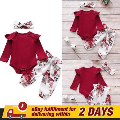 Newborn Baby Girls Outfits Ruffle Romper Tops Floral Pants Headband Set Clothes