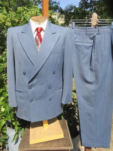 Smooth Blue 1950s Double Breasted Suit 40S 32x28 - Penneys TOWN-CLAD