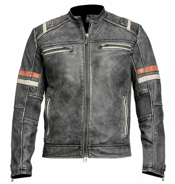 Men's Vintage Motorcycle Retro Cafe Racer Distressed Real Leather Biker Jacket