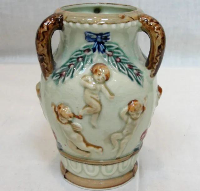 Antique Majolica Hand Painted Urn / Vase with Cherubs Design Made in Japan 5"
