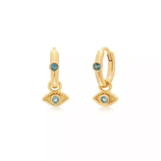 Gold Plated On 925 Sterling Silver Blue Zirconium Evil Eye Huggie Hoop Earrings