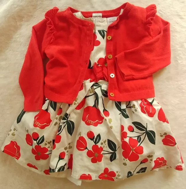 Carters baby girl floral print dress with red cardigan 9 months infant wear