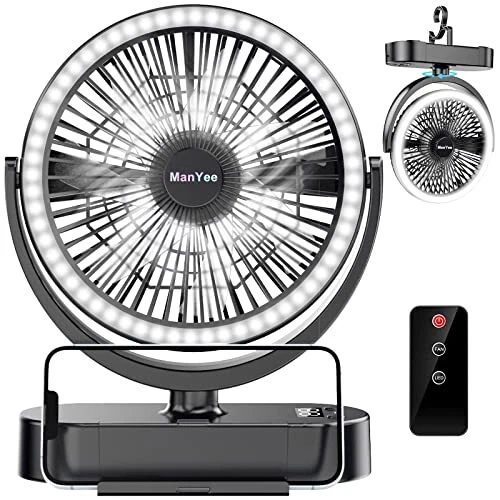 Camping Fan with LED Light 40H 10000mAh USB Rechargeable Battery Powered Fan ...