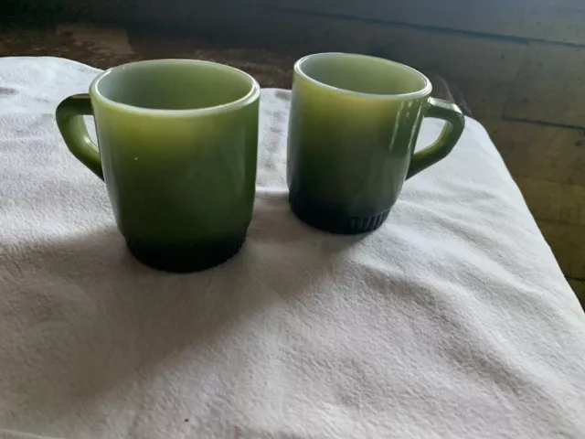 2 Vtg Avocado Green Black Bottom Fire King Anchor Hocking Stacking Coffee Mugs