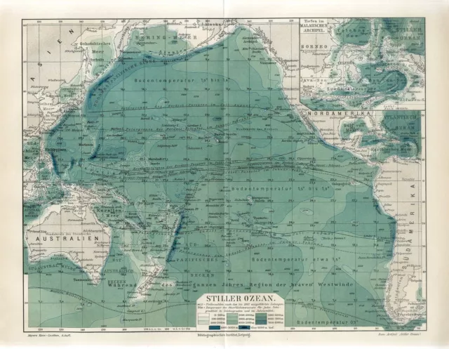 1895 PACIFIC OCEAN AUSTRALIA USA RUSSIA CANADA JAPAN CHINA MALAY ARCHIPELAGO Map