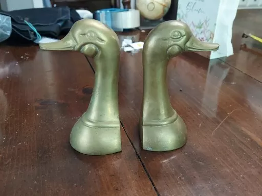 Mid-Century Solid Brass 1960s Pair of Duck Head Bookends Vtg 6.5" Patina Charm