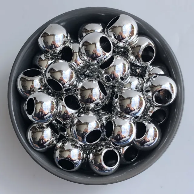 10X Large Silver Macrame Beads 20mm Round Shiny Metallic Resin Bead 9mm Big Hole