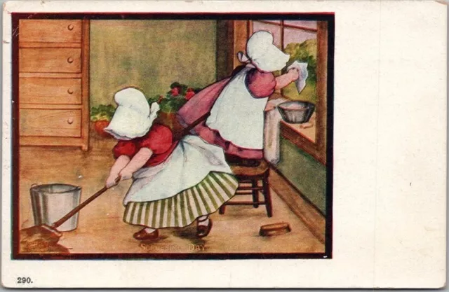Vintage 1910s SUNBONNET GIRLS Postcard Cleaning House / Windows & Floors -Unused