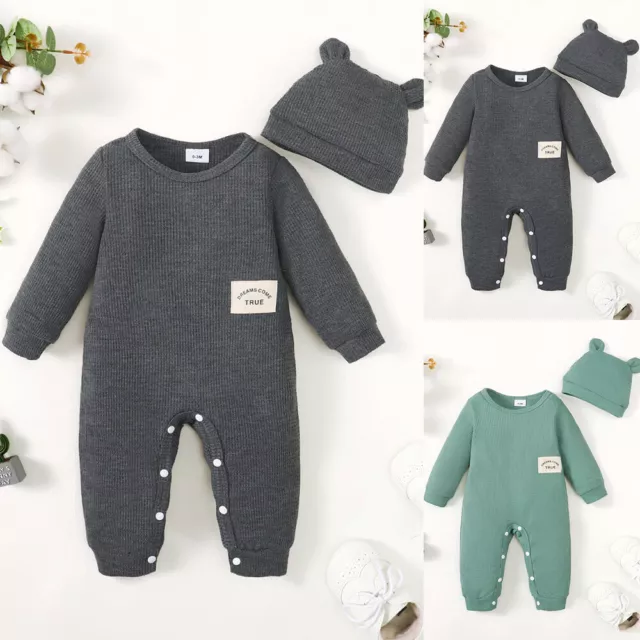 2PCS Newborn Baby Boys Long Sleeve Romper Jumpsuit Pants Hat Clothes Outfits Set