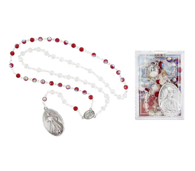 Divine Mercy Chaplet with Prayer Card & Box Red White Bead St. Faustina Catholic