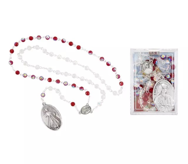 Divine Mercy Chaplet with Prayer Card & Box Red White Bead St. Faustina Catholic