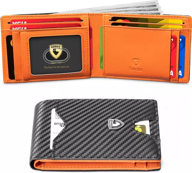Mens Slim Wallet for Men Minimalist Genuine Leather Carbon Fiber Rfid Blocking