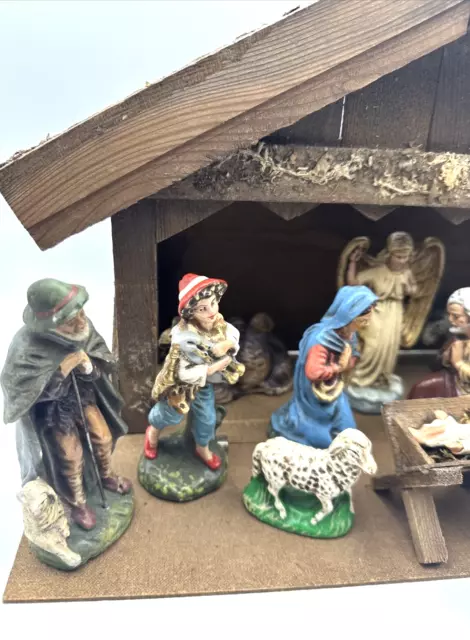 Vintage Marolin Nativity Set 11 Paper Mache Figures Stable Manger W Germany 3