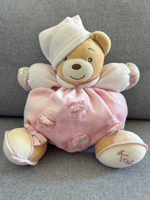 Doudou boule KALOU Ours rose grelot avec bonnet et fleurs brodées