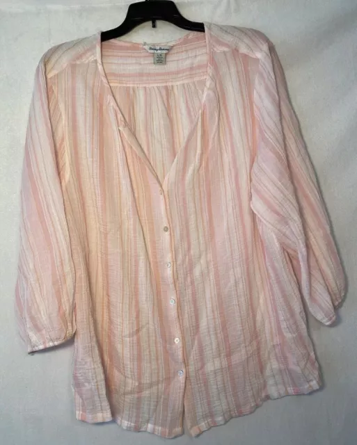 TOMMY BAHAMA Womens Shirt Large Striped Top Pink Gauzy Lightweight