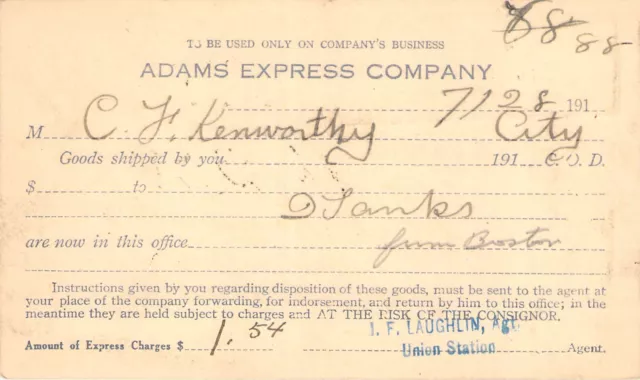 Adams Express Union Station Waterbury Conn  Receipt