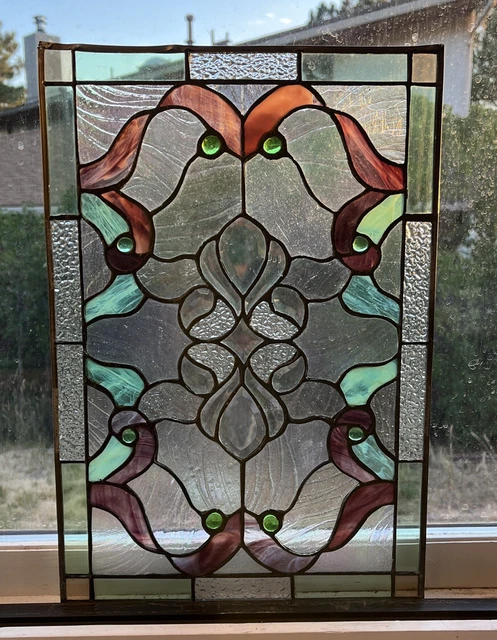 Antique Colored Leaded Stained Glass Window Panel ~ Art Deco Style ~ 16" X 11"