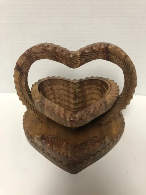 Vintage HEART Shape Collapsible Folding Wooden Basket & Trivet Hand Carved