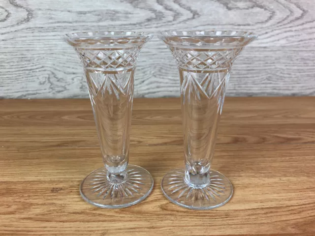 Pair Of Tudor England Footed Clear Crystal Cut Glass Vases