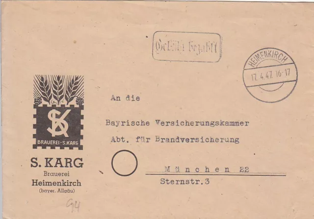 F.Zone - HEIMENKIRCH - Gebühr bezahlt - Brief - 1947