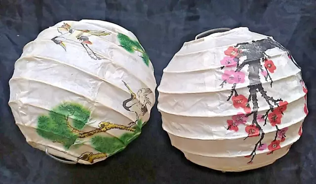 Vtg Miniature Lantern 2 Lot Japan Washi Paper Handpainted Crane Pine Flowers HTF