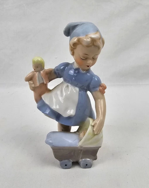 VINTAGE BLUE DANUBE Porcelain Figurine Girl With Doll And Baby Carriage
