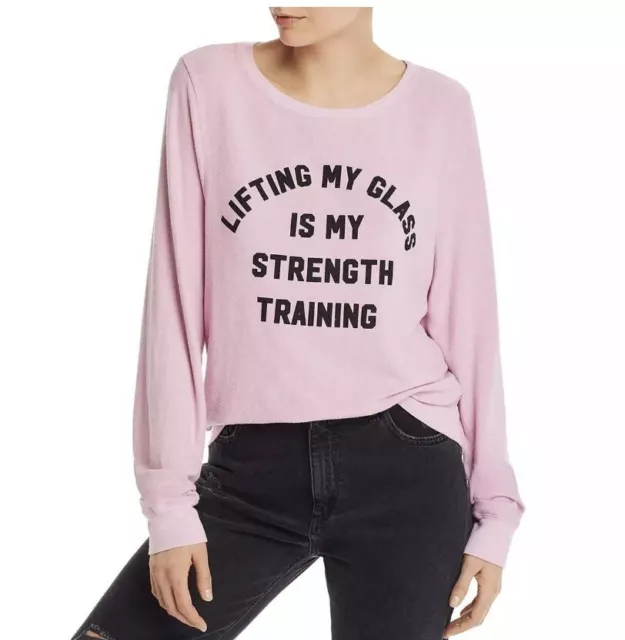 Wildfox Womens Lifting My Glass Pink Cozy Sweatshirt Pullover Sz M NWT