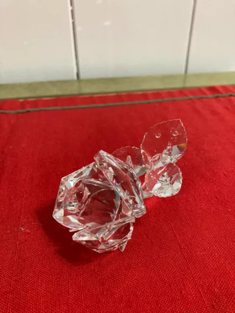 Swarovski Crystal Rose With Dew On Leaves And Stem Figurine 3.25" In L