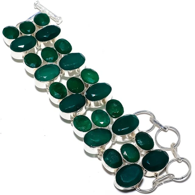 Émeraude (Simulé) Pierre Précieuse Fait à la Main 925 Argent Bracelet