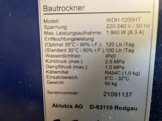 Aktobis Großraum Bautrockner Luftentfeuchter WDH-1200HT bis 120 L/T