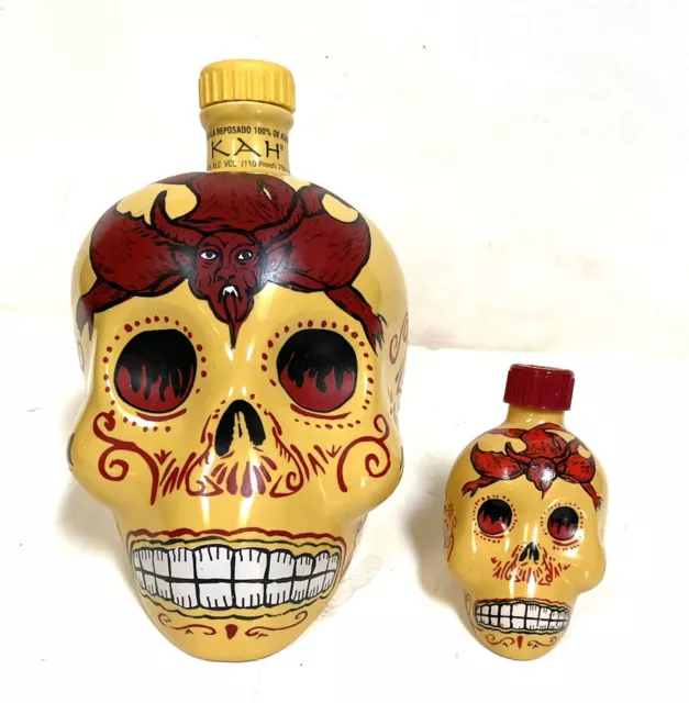 Pair KAH TEQUILA Reposado Day of the Dead Skull Bottles 750 & 50 ML BOTH EMPTY Pair KAH TEQUILA Reposado Day of the Dead Skull Bottles 750 & 50 ML BOTH EMPTY