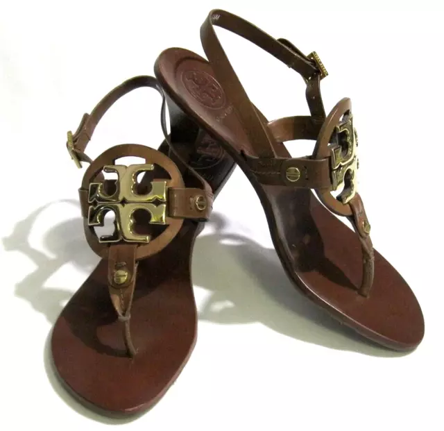 TORY BURCH Holly Miller Sling Back Heel Sandals Pumps Brown Gold Logo Size 5.5M 3