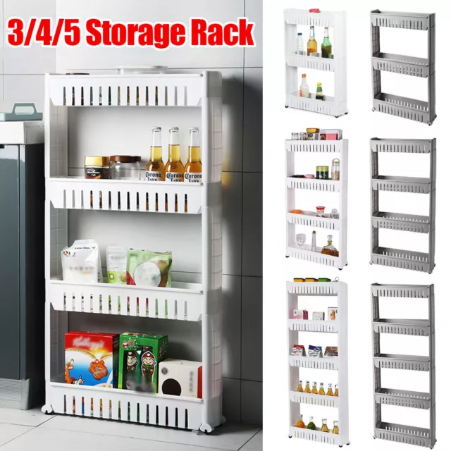 3/5 Tier Slim Slide Out Kitchen Trolley Cart Organizer Tower Storage Rack Wheels