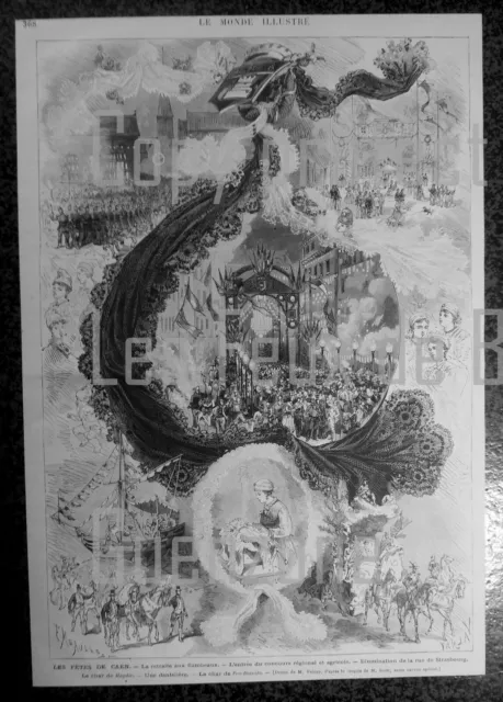 FETES DE CAEN CHARS CONCOURS RETRAITE FLAMBEAUX   gravure 1875 antique print