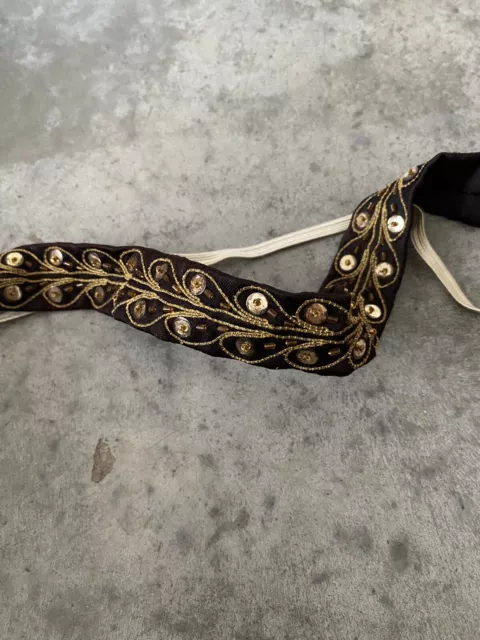 Vintage Peacock Sash Sequined Gold Black Silk 14” x 1”