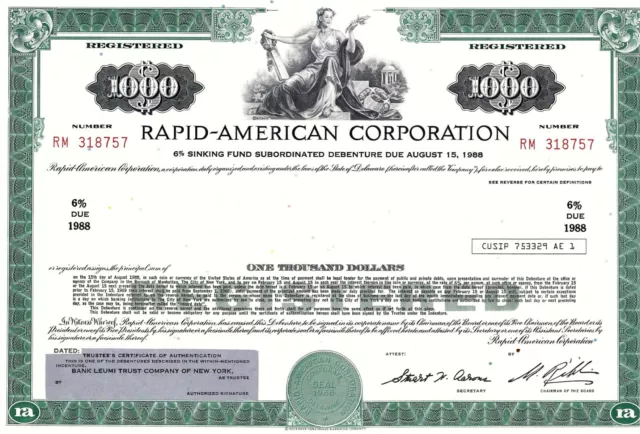 Rapid-American Corporation, 6% Subord. Debenture due 1988 (1.000 $) Blankette