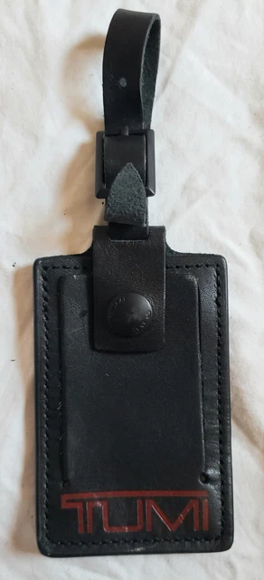 Tumi Black Leather Luggage Tag w Red Lettering