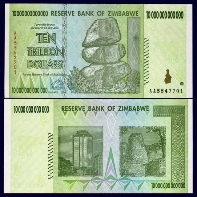 Zimbabwe 10 Trillion Dollars AA+ 2008 Banknote UNC,100 Trillion Series P-88